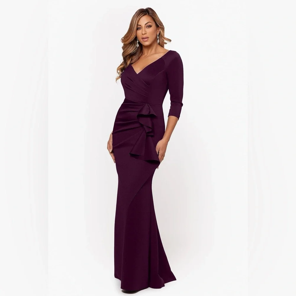 Xscape Women's Long 3/4 Sleeve V-Neck Side Ruched Gown - Picture 2 of 9